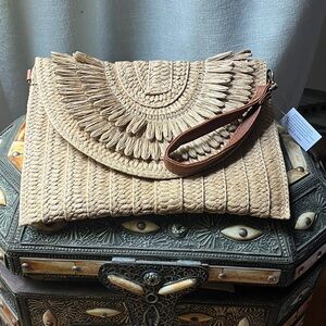Chic Woven Beige Clutch with Wristlet